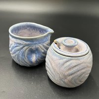 Carved Purple and Blue Cream and Sugar Set