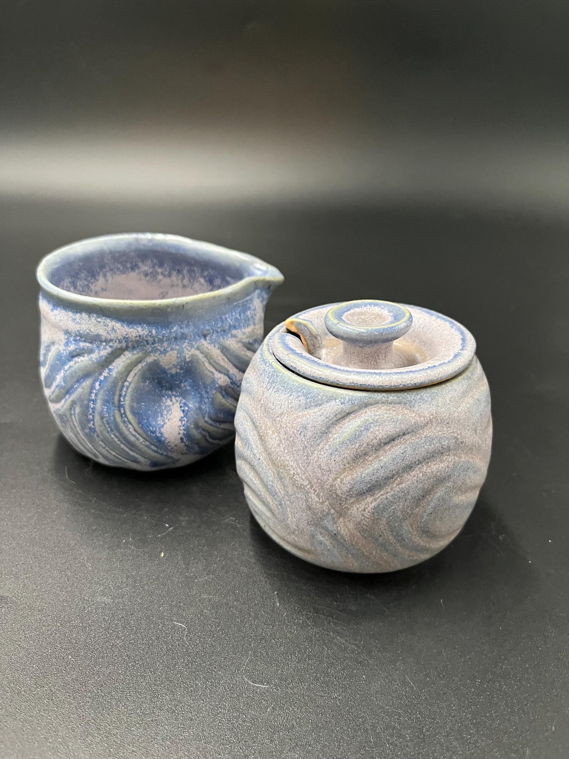 Carved Purple and Blue Cream and Sugar Set