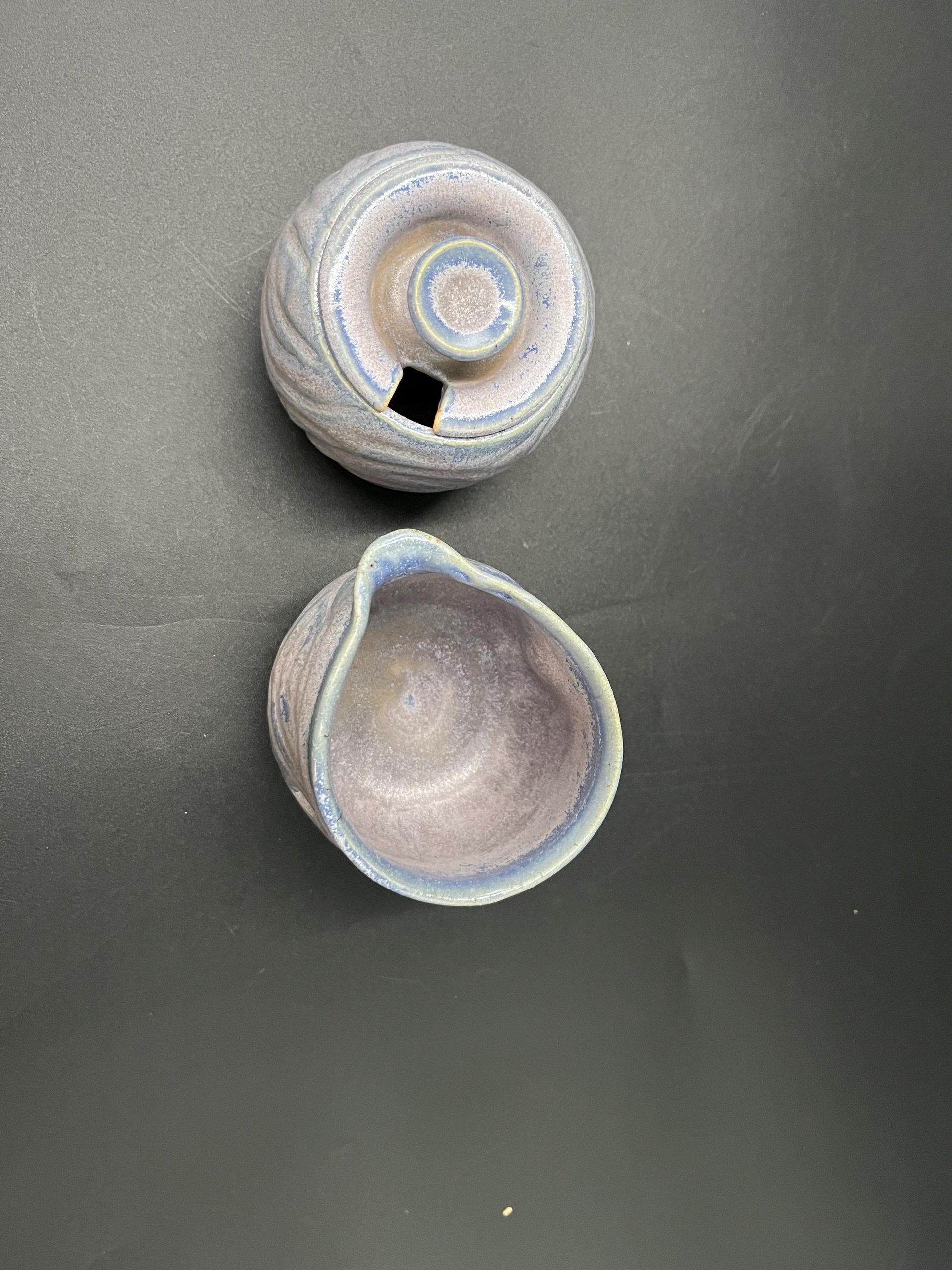 Carved Purple and Blue Cream and Sugar Set