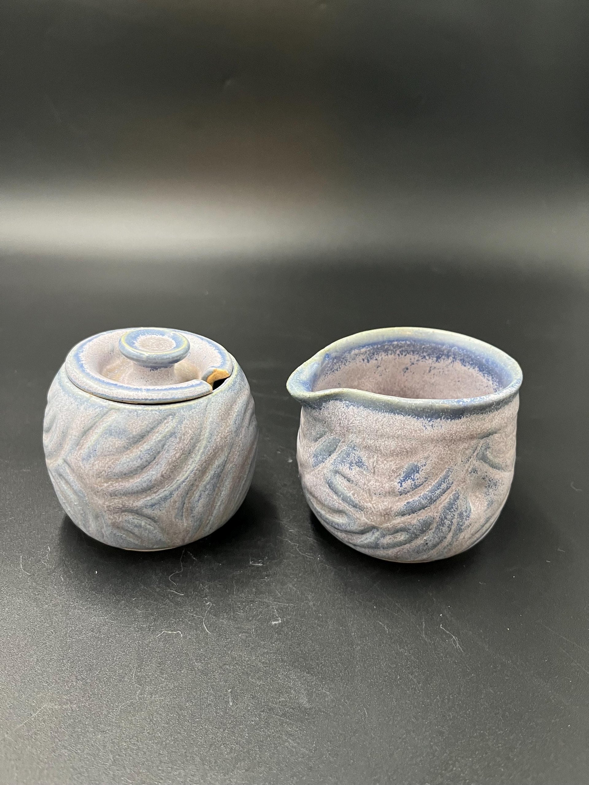 Carved Purple and Blue Cream and Sugar Set