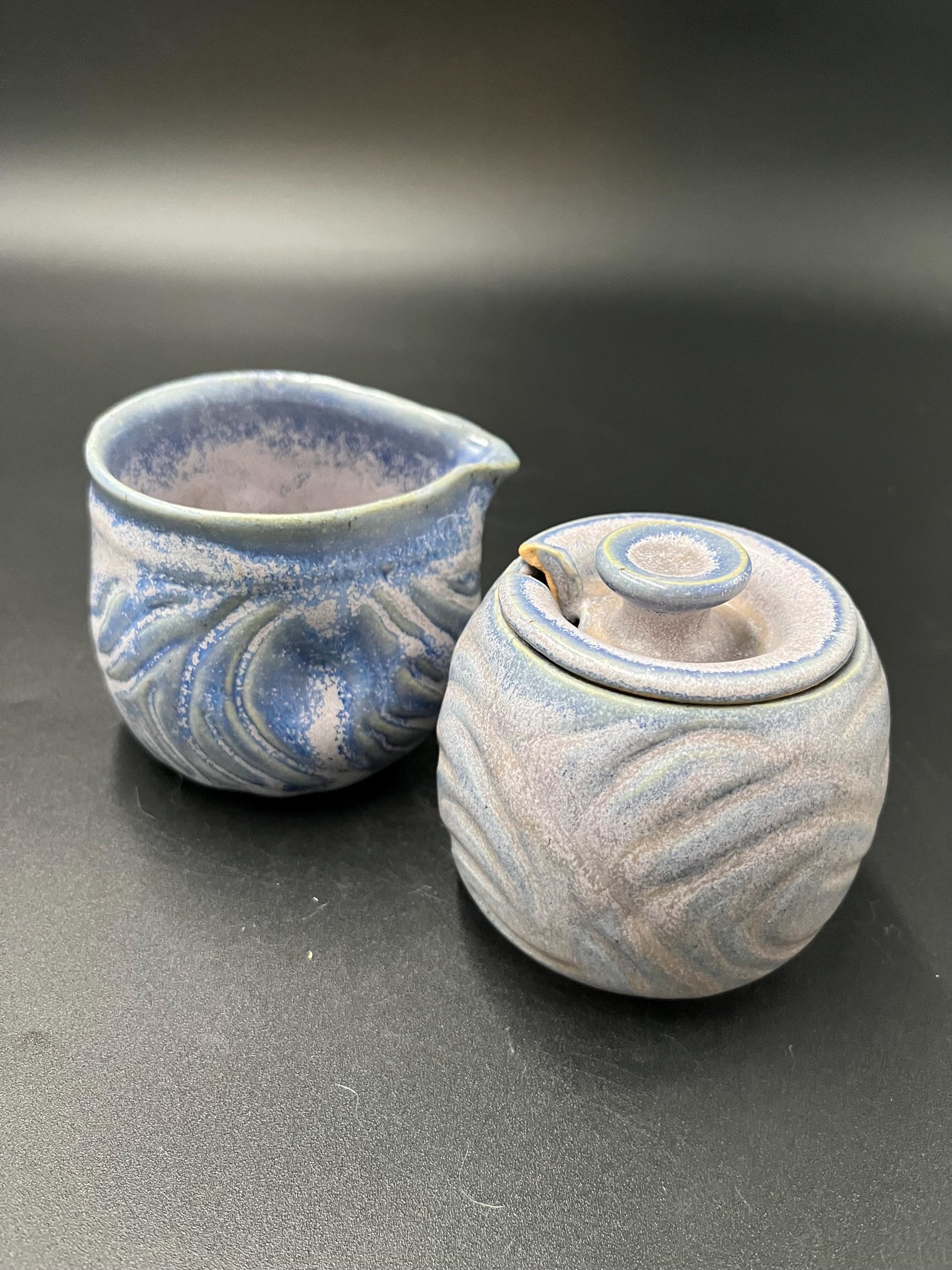 Carved Purple and Blue Cream and Sugar Set