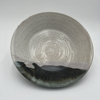 Handmade White Speckled Ceramic Serving Bowl with Black and Grey Accents