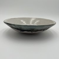 Handmade White Speckled Ceramic Serving Bowl with Black and Grey Accents