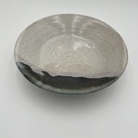 Handmade White Speckled Ceramic Serving Bowl with Black and Grey Accents