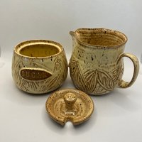 Carved Yellow Cream and Sugar Set