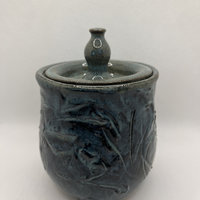 Handmade Blue Carved Ceramic Lidded Jar