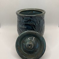 Handmade Blue Carved Ceramic Lidded Jar