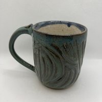 Handmade Ceramic Blue-Green Carved Mug