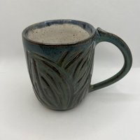 Handmade Ceramic Blue-Green Carved Mug