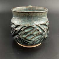 Handmade Carved Ceramic Blue and Green Mug