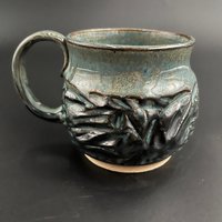 Handmade Carved Ceramic Blue and Green Mug