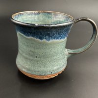 Handmade Carved Blue and Green Ceramic Tankard Mug