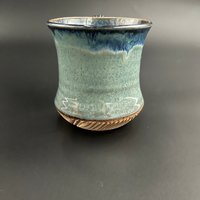 Handmade Carved Blue and Green Ceramic Tankard Mug