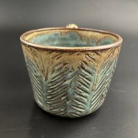 Handmade Herringbone Carved Blue and Honey Mug