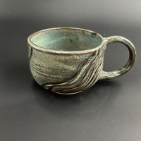 Handmade Carved Blue and Green Wavy Mug