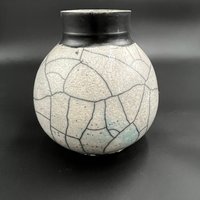 Large Blue and White Crackle Ceramic Moon vase - Raku fired