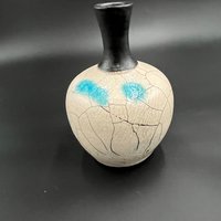 Blue and White Crackle Ceramic Bottle vase - Raku fired
