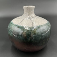 Copper, Green, and White Crackle Ceramic Bottle Vase - Raku fired