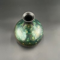 Irridescent Green Ceramic Bottle Vase - Raku fired