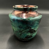 Handmade Green and Copper Irridescent Ceramic vase - Raku fired