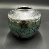 Handmade Green and Copper Irridescent Ceramic vase - Raku fired