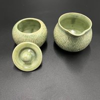 Handmade Carved Green Ceramic Cream and Sugar Set