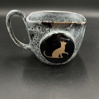Large Square Handmade Black and White Ceramic Cat Mug