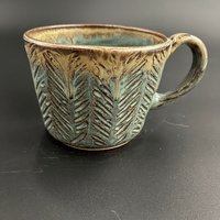 Handmade Herringbone Carved Blue and Honey Mug
