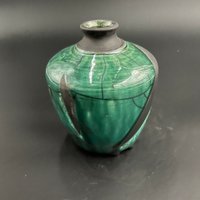 Handmade Iridescent Green Ceramic Vase - Raku fired