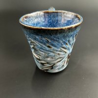 Handmade Carved Blue Ceramic Mug