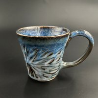 Handmade Carved Blue Ceramic Mug