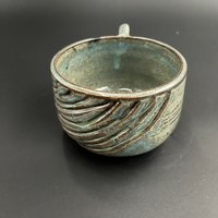 Handmade Carved Blue and Green Wavy Mug