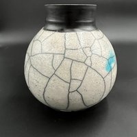 Large Blue and White Crackle Ceramic Moon vase - Raku fired