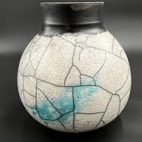 Large Blue and White Crackle Ceramic Moon vase - Raku fired