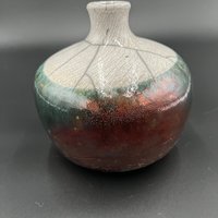 Copper, Green, and White Crackle Ceramic Bottle Vase - Raku fired