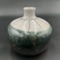Copper, Green, and White Crackle Ceramic Bottle Vase - Raku fired