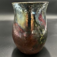 Handmade Iridescent Green and Copper Ceramic Vase - Raku fired