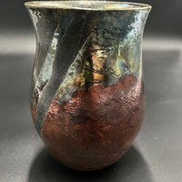 Handmade Iridescent Green and Copper Ceramic Vase - Raku fired