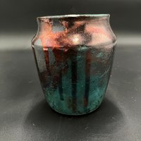 Handmade Green and Copper Irridescent Ceramic vase - Raku fired