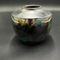 Handmade Green and Copper Irridescent Ceramic vase - Raku fired