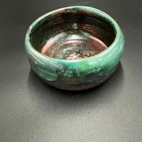 Handmade Green and Copper Irridescent Ceramic Bowl - Raku fired