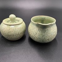 Handmade Carved Green Ceramic Cream and Sugar Set