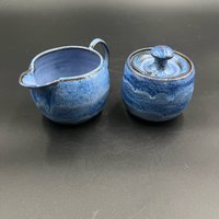 Handmade Blue Swirl Ceramic Cream and Sugar Set