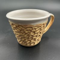 Handmade Carved Golden Yellow and White Carved Mug