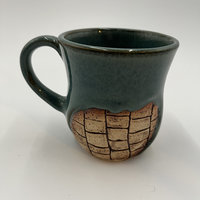 Handmade Blue and Green Mug with Carved Bricks