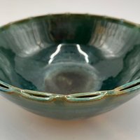 Handmade Green Serving Bowl with Decorative Rim