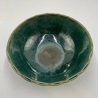 Handmade Green Serving Bowl with Decorative Rim