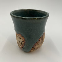 Handmade Blue and Green Mug with Carved Bricks