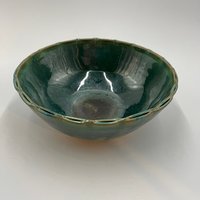 Handmade Green Serving Bowl with Decorative Rim