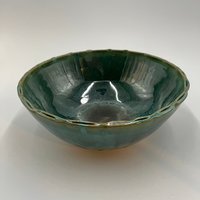 Handmade Green Serving Bowl with Decorative Rim
